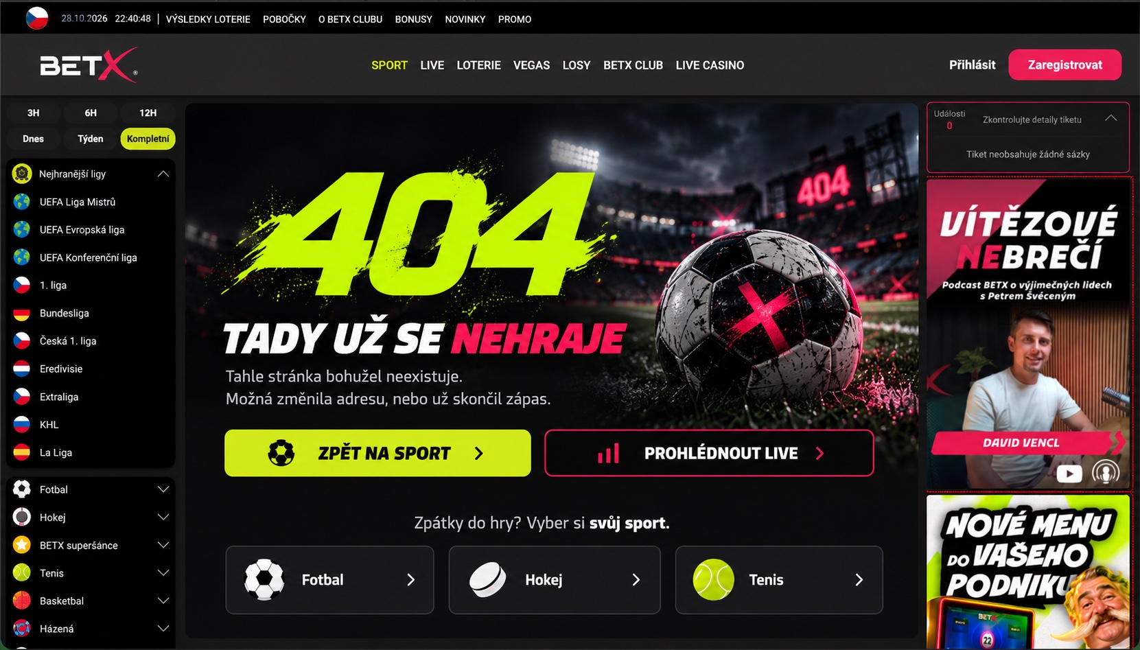 Návrh chybové stránky 404 pro BETX: „Tady už se nehraje“, tlačítka Zpět na sport a Prohlédnout live a výběr sportu Fotbal, Hokej, Tenis