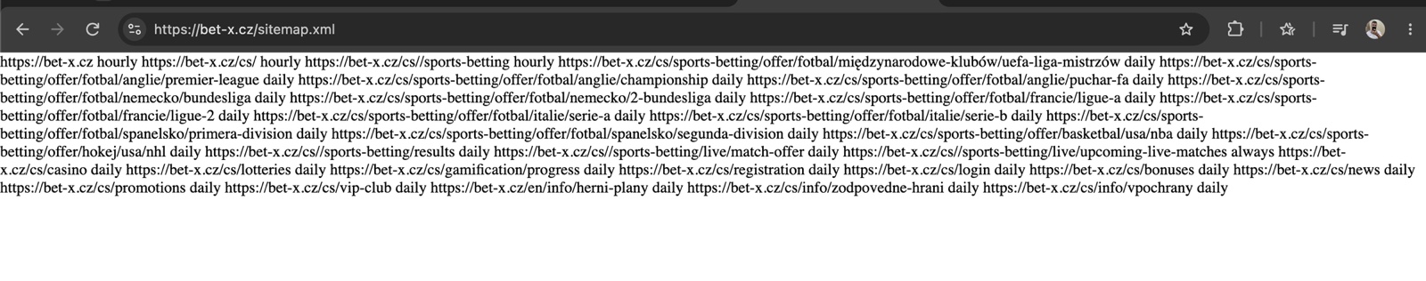 Sitemapa bet-x.cz/sitemap.xml otevřená v prohlížeči: 32 adres včetně polských a s dvojitými lomítky